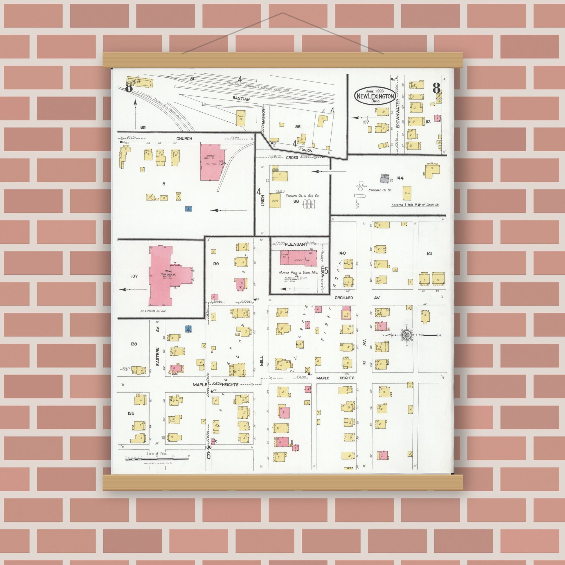 Old map wall art mockup — magnetic wood frame on brick wall — Sanborn Fire Insurance Map from New Lexington, Perry County, Ohio (1926), Sheet #0008
