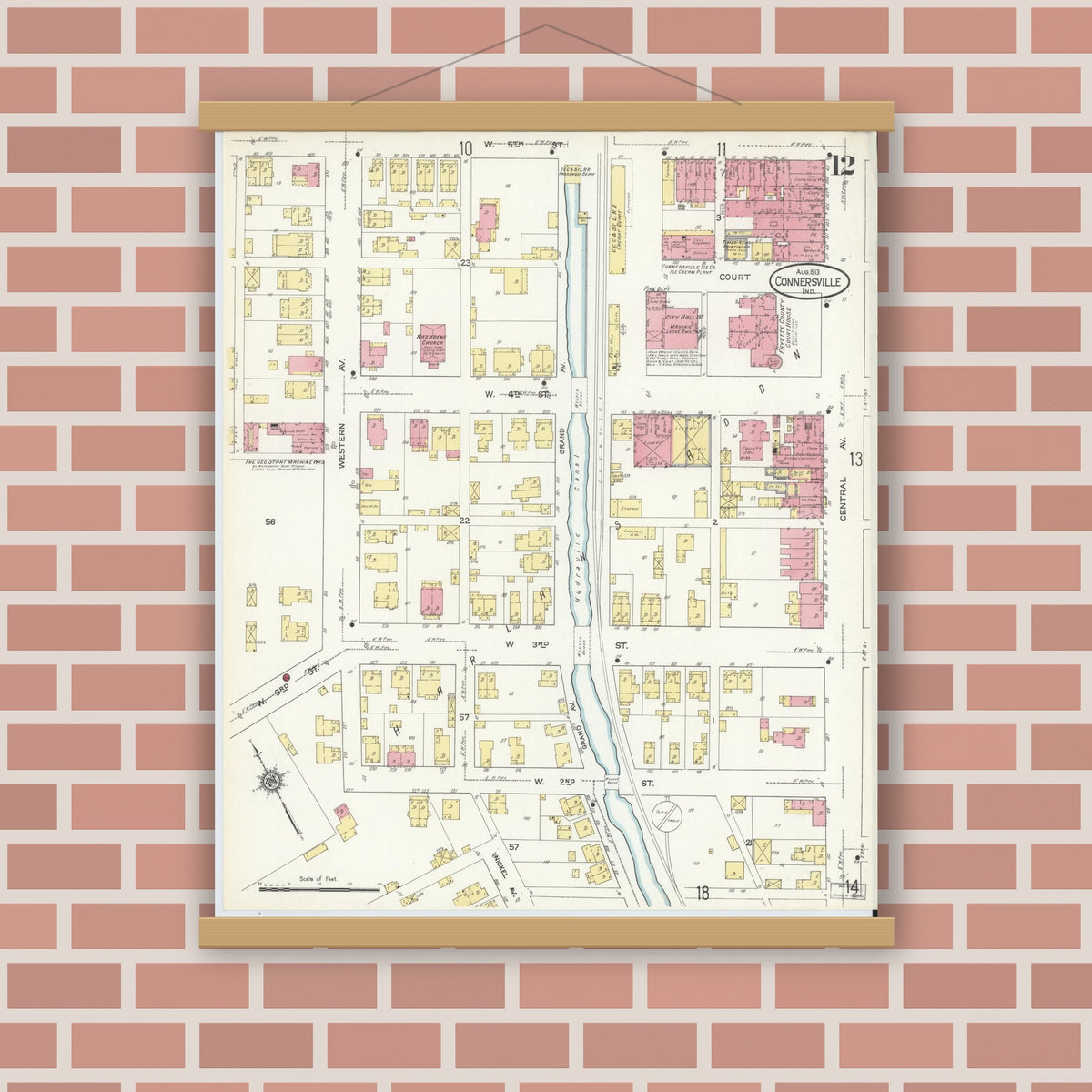 Old map wall art mockup — magnetic wood frame on brick wall — Sanborn Fire Insurance Map from Connersville, Fayette County, Indiana (1913), Sheet #0012