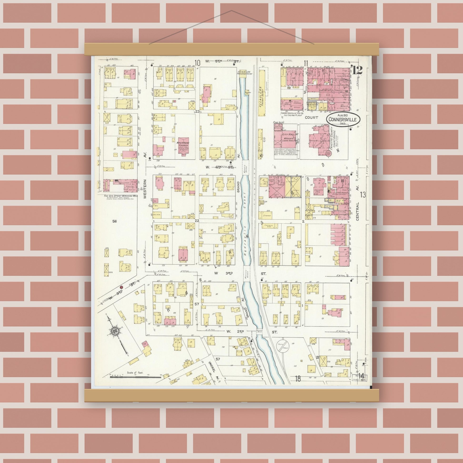 Old map wall art mockup — magnetic wood frame on brick wall — Sanborn Fire Insurance Map from Connersville, Fayette County, Indiana (1913), Sheet #0012