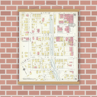 Old map wall art mockup — magnetic wood frame on brick wall — Sanborn Fire Insurance Map from Connersville, Fayette County, Indiana (1913), Sheet #0012