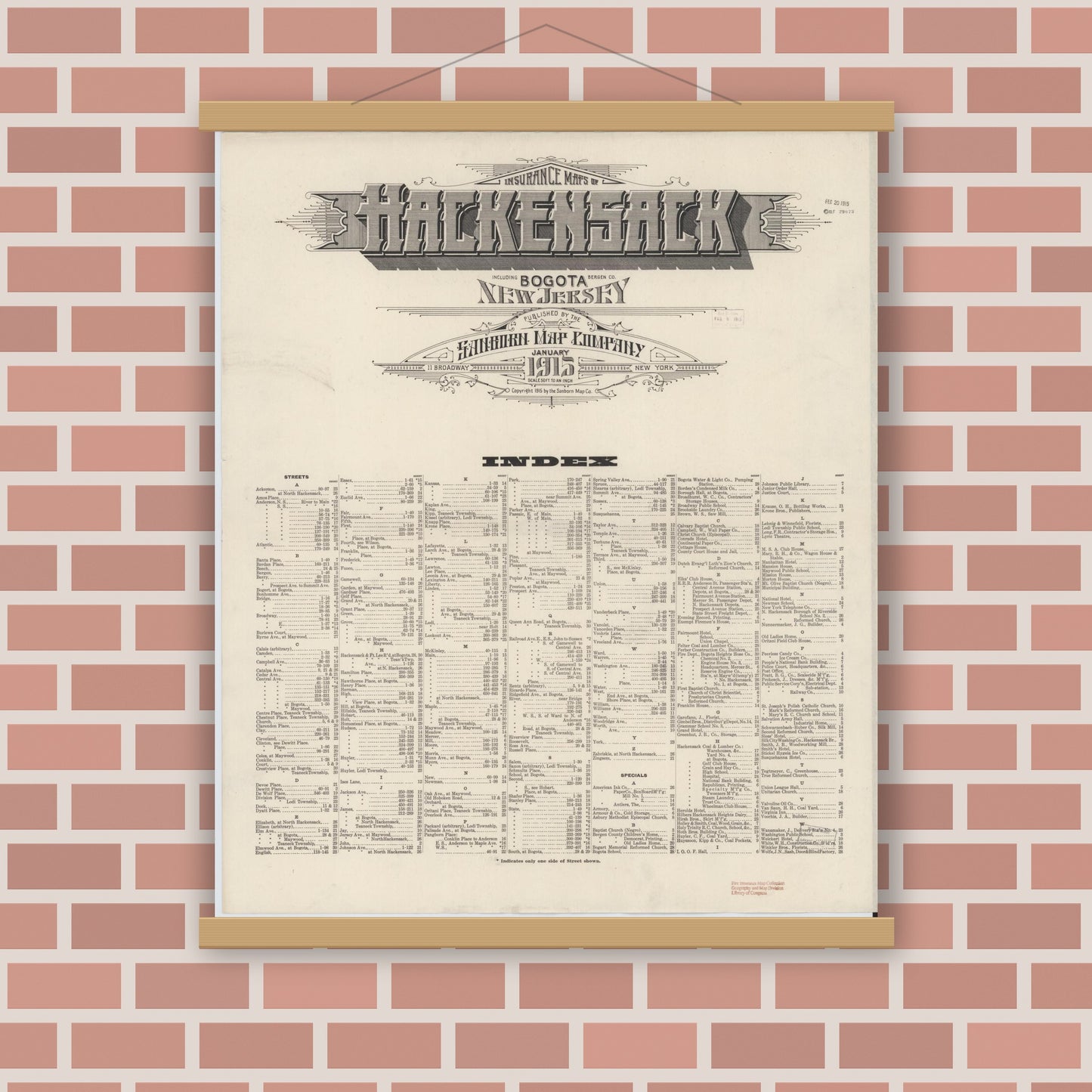 Old map wall art mockup — magnetic wood frame on brick wall — Sanborn Fire Insurance Map from Hackensack, Bergen County, New Jersey (1915), Sheet #0001
