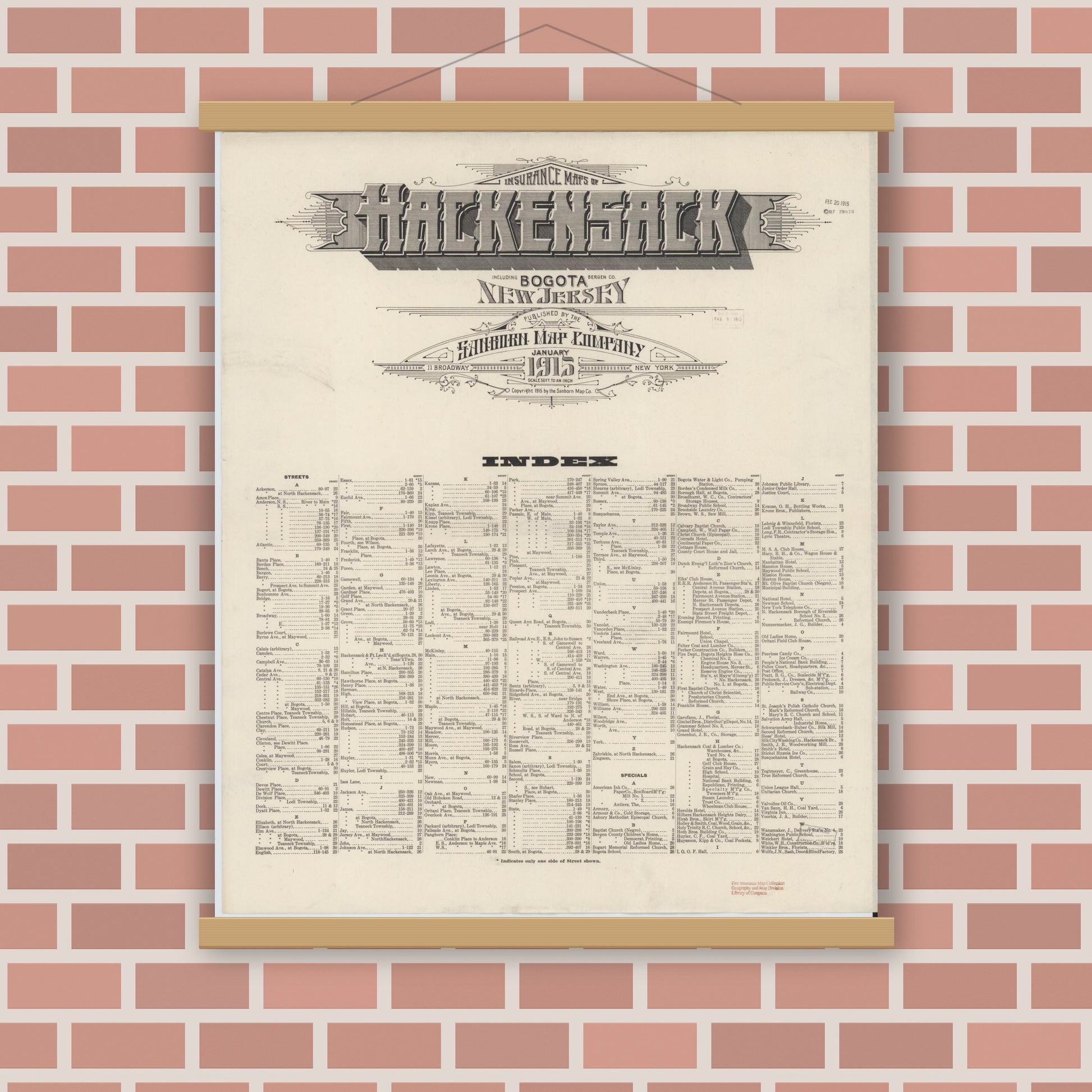 Old map wall art mockup — magnetic wood frame on brick wall — Sanborn Fire Insurance Map from Hackensack, Bergen County, New Jersey (1915), Sheet #0001
