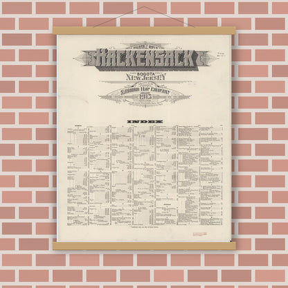 Old map wall art mockup — magnetic wood frame on brick wall — Sanborn Fire Insurance Map from Hackensack, Bergen County, New Jersey (1915), Sheet #0001