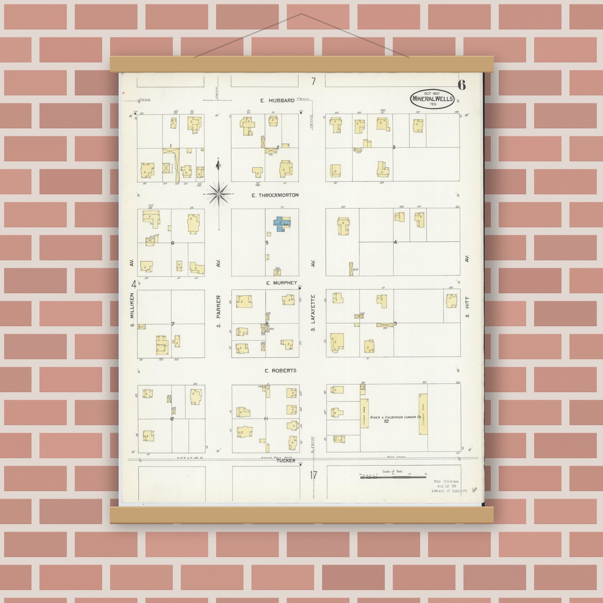 Old map wall art mockup — magnetic wood frame on brick wall — Sanborn Fire Insurance Map from Mineral Wells, Palo Pinto County, Texas (1907), Sheet #0006