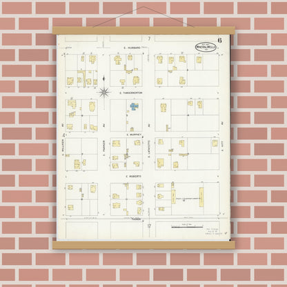 Old map wall art mockup — magnetic wood frame on brick wall — Sanborn Fire Insurance Map from Mineral Wells, Palo Pinto County, Texas (1907), Sheet #0006