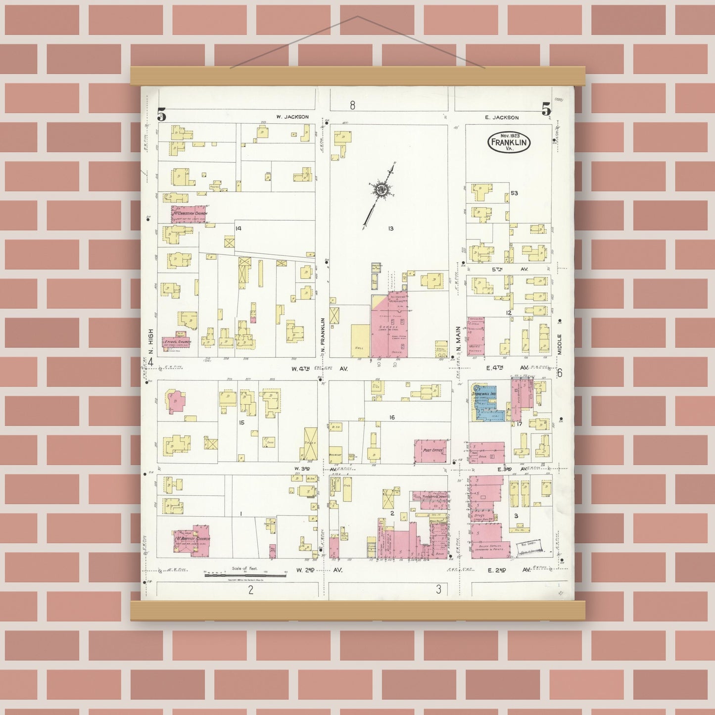 Old map wall art mockup — magnetic wood frame on brick wall — Sanborn Fire Insurance Map from Franklin, Independent Cities, Virginia (1923), Sheet #0005