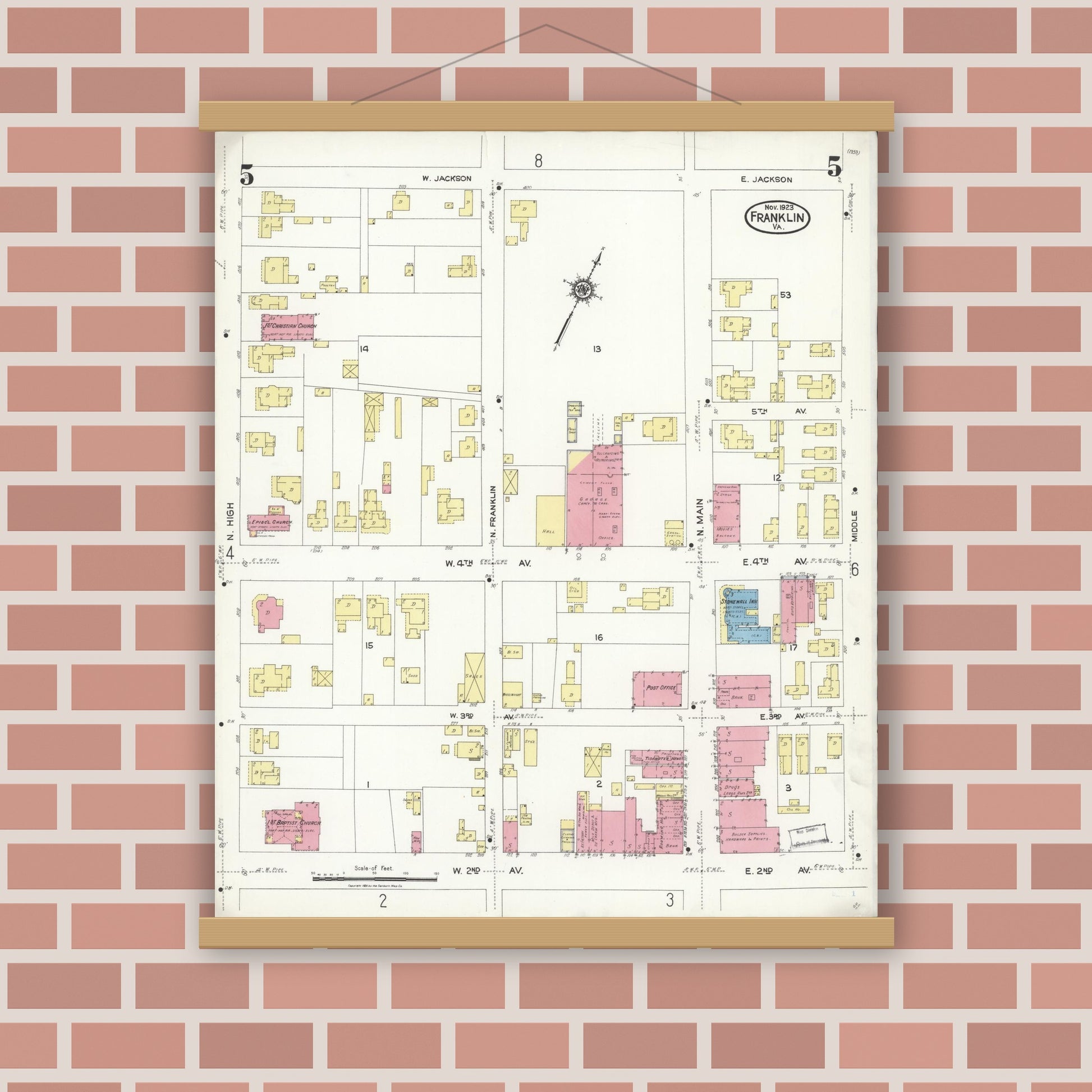 Old map wall art mockup — magnetic wood frame on brick wall — Sanborn Fire Insurance Map from Franklin, Independent Cities, Virginia (1923), Sheet #0005