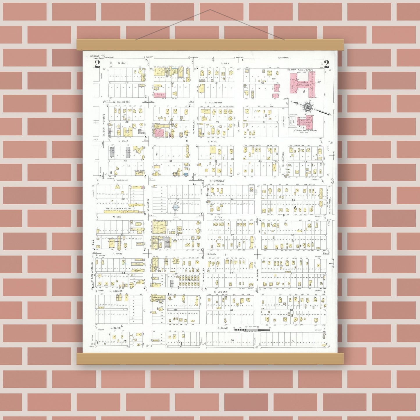 Old map wall art mockup — magnetic wood frame on brick wall — Sanborn Fire Insurance Map from Kermit, Winkler County, Texas (1946), Sheet #0002