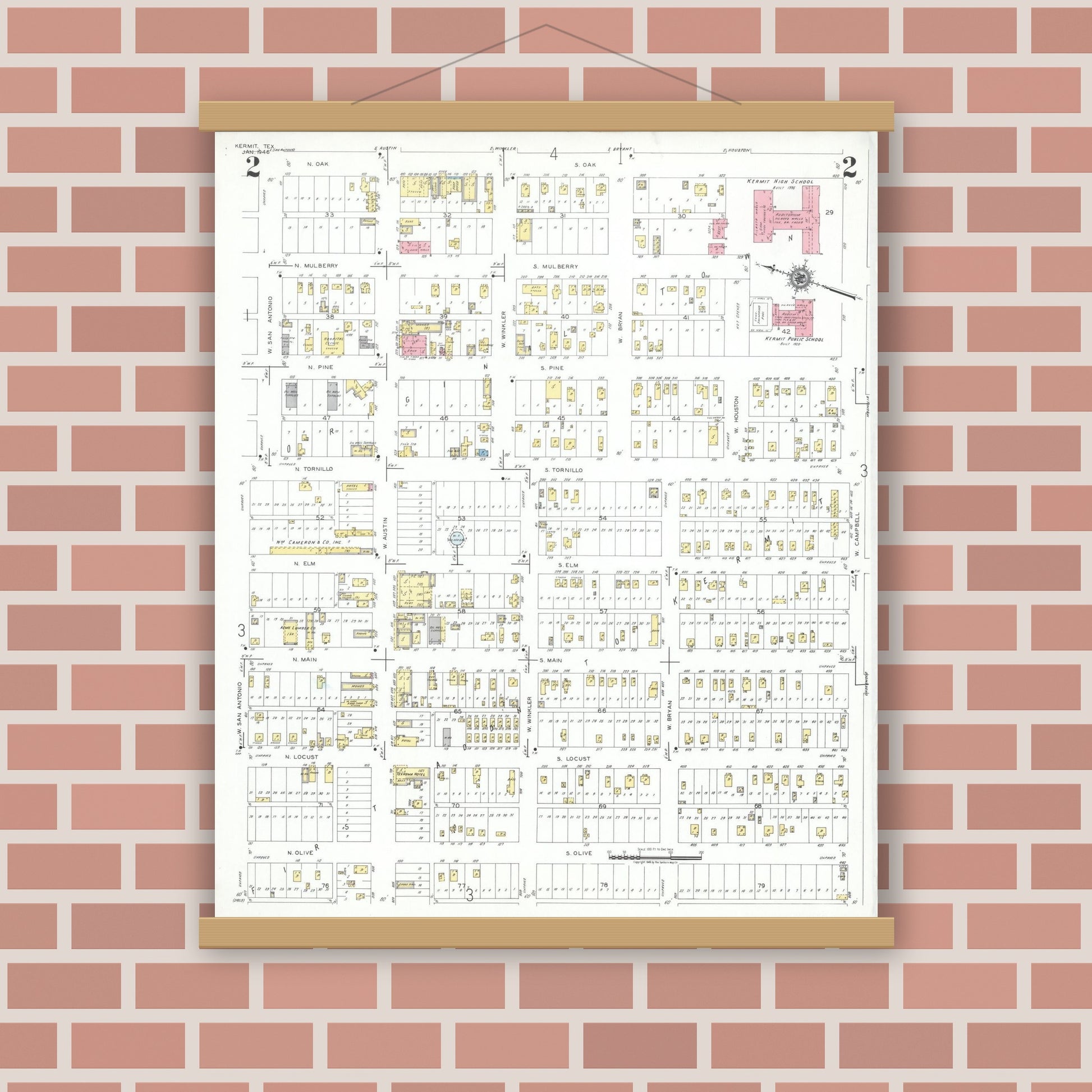 Old map wall art mockup — magnetic wood frame on brick wall — Sanborn Fire Insurance Map from Kermit, Winkler County, Texas (1946), Sheet #0002