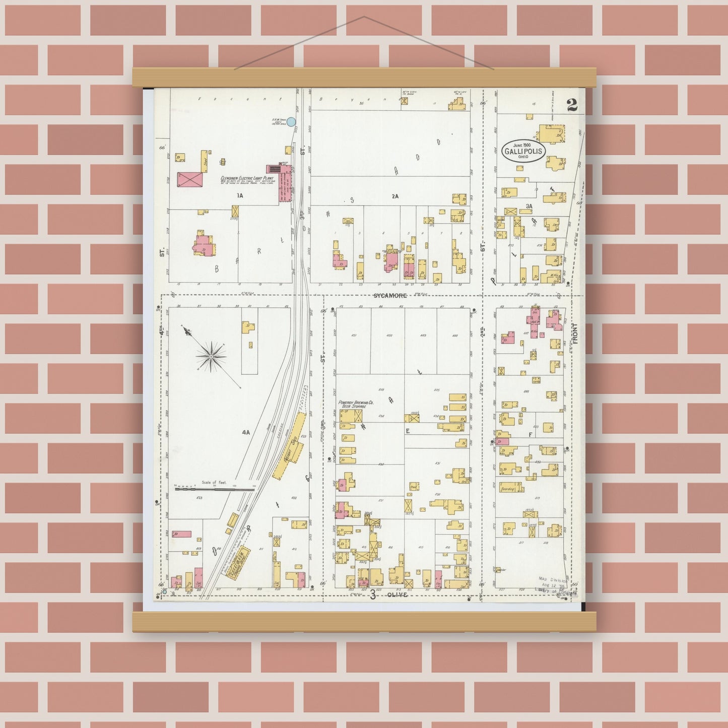 Old map wall art mockup — magnetic wood frame on brick wall — Sanborn Fire Insurance Map from Gallipolis, Gallia County, Ohio (1900), Sheet #0002