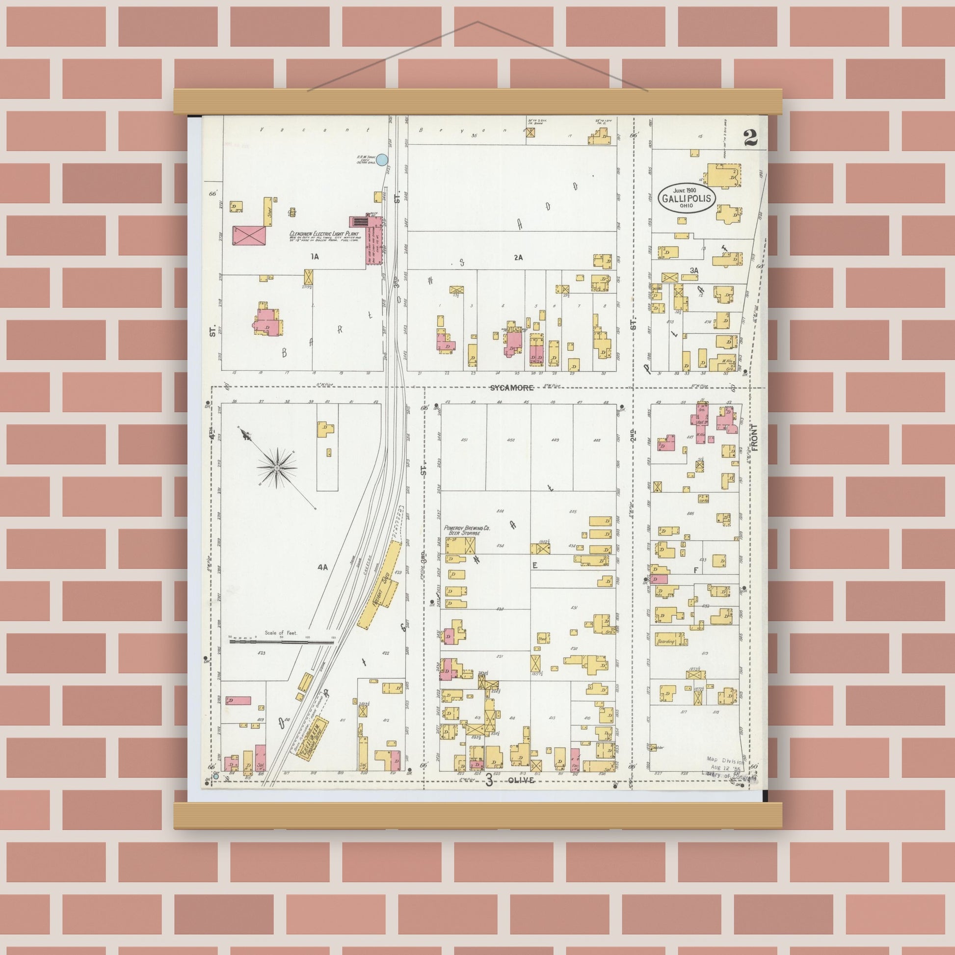 Old map wall art mockup — magnetic wood frame on brick wall — Sanborn Fire Insurance Map from Gallipolis, Gallia County, Ohio (1900), Sheet #0002