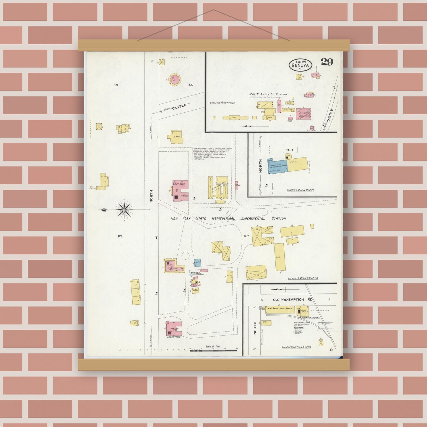 Old map wall art mockup — magnetic wood frame on brick wall — Sanborn Fire Insurance Map from Geneva, Ontario County, New York (1909), Sheet #0029
