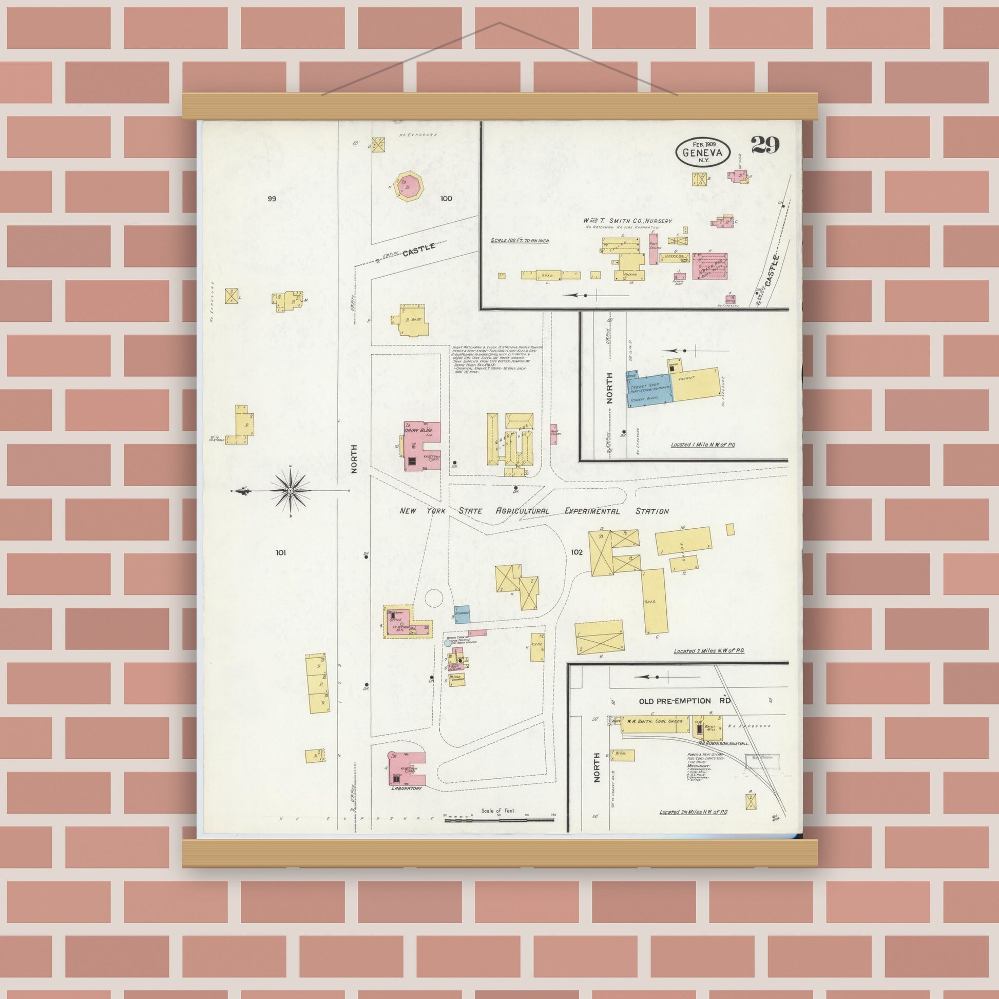 Old map wall art mockup — magnetic wood frame on brick wall — Sanborn Fire Insurance Map from Geneva, Ontario County, New York (1909), Sheet #0029