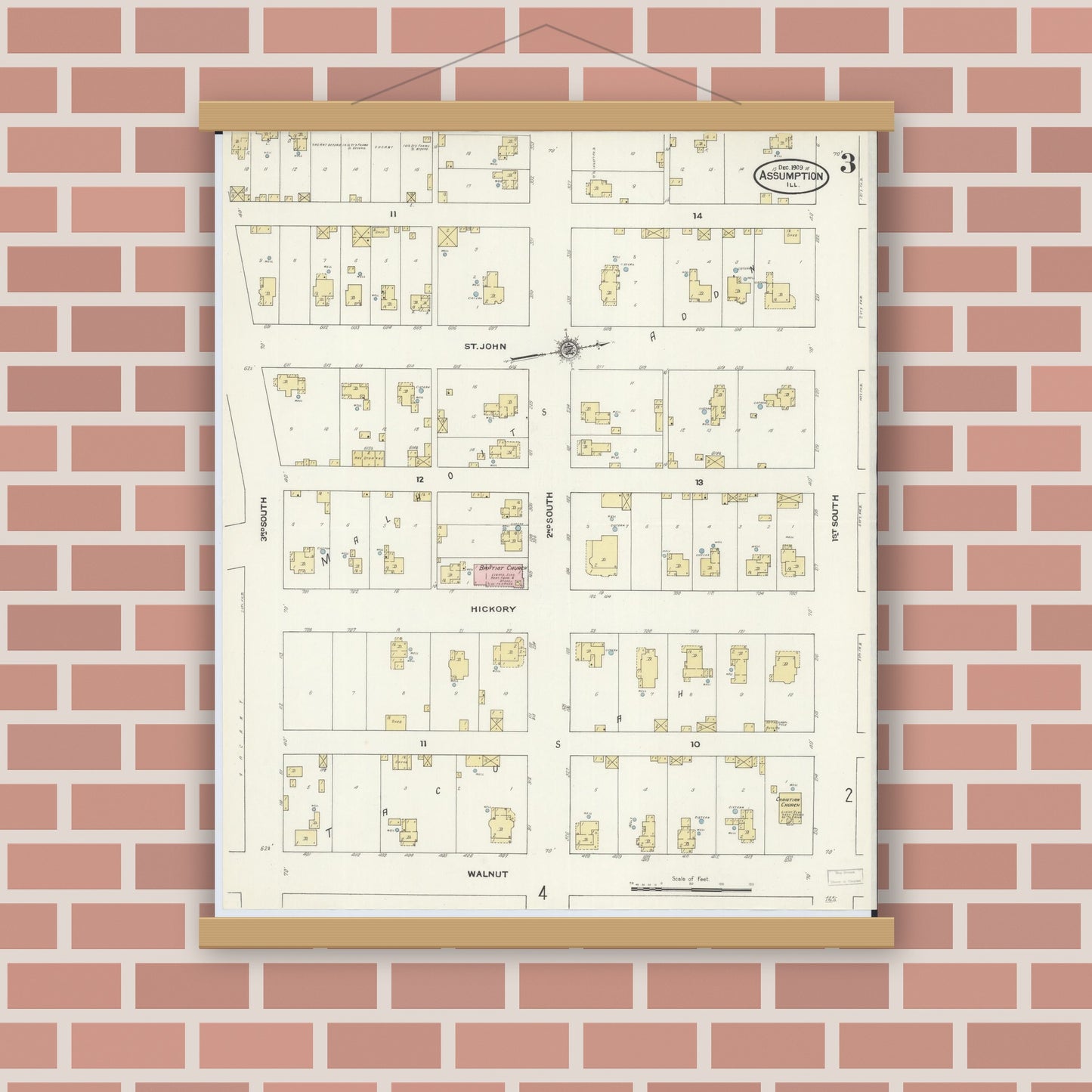 Old map wall art mockup — magnetic wood frame on brick wall — Sanborn Fire Insurance Map from Assumption, Christian County, Illinois (1909), Sheet #0003