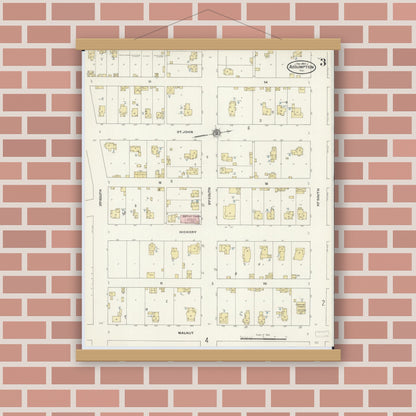 Old map wall art mockup — magnetic wood frame on brick wall — Sanborn Fire Insurance Map from Assumption, Christian County, Illinois (1909), Sheet #0003
