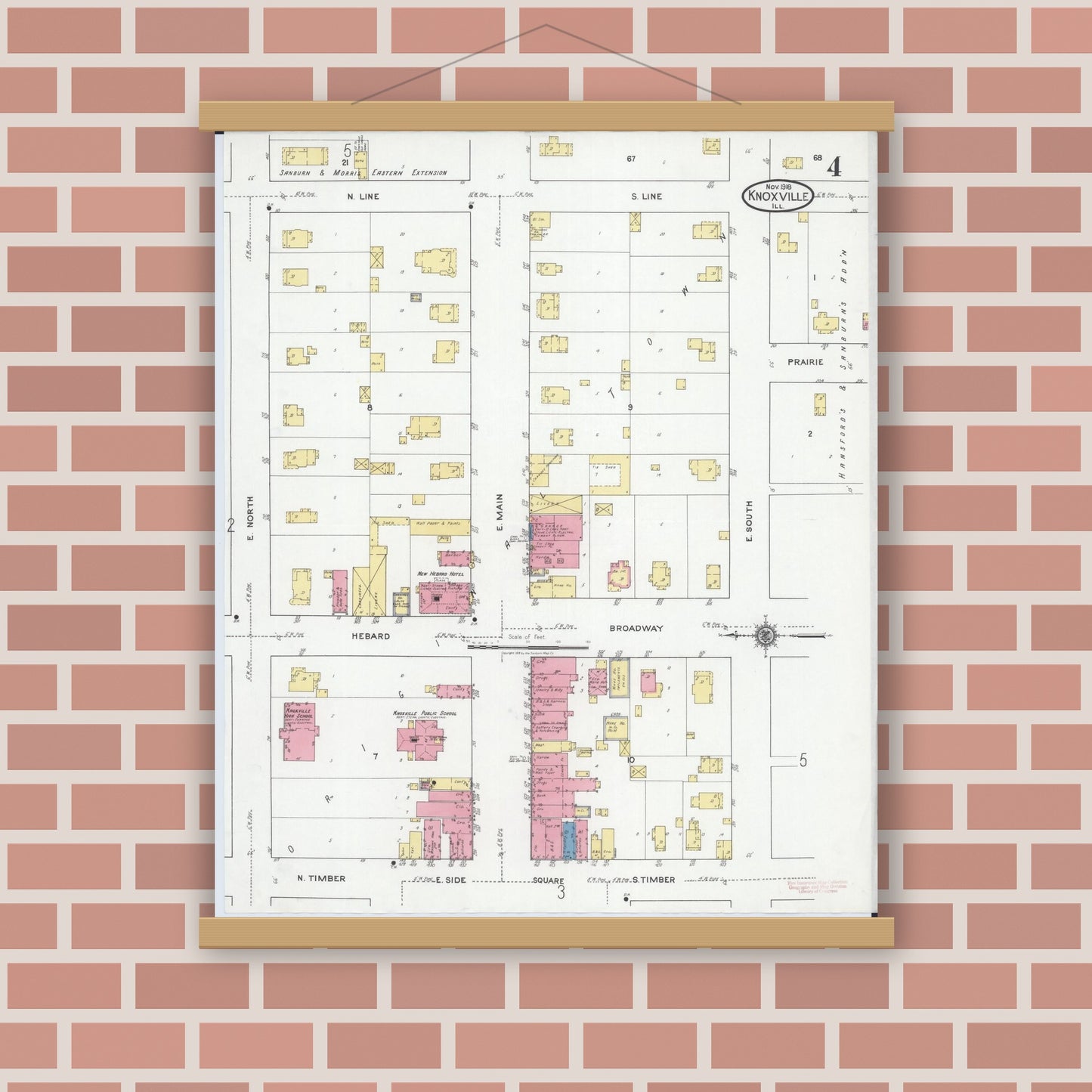 Old map wall art mockup — magnetic wood frame on brick wall — Sanborn Fire Insurance Map from Knoxville, Knox County, Illinois (1918), Sheet #0004