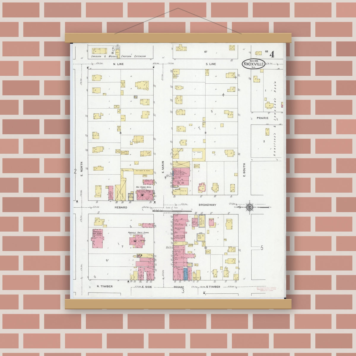 Old map wall art mockup — magnetic wood frame on brick wall — Sanborn Fire Insurance Map from Knoxville, Knox County, Illinois (1918), Sheet #0004