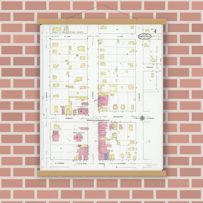Old map wall art mockup — magnetic wood frame on brick wall — Sanborn Fire Insurance Map from Knoxville, Knox County, Illinois (1918), Sheet #0004