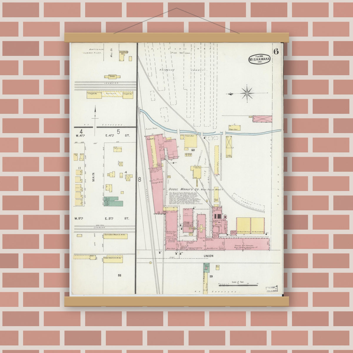 Old map wall art mockup — magnetic wood frame on brick wall — Sanborn Fire Insurance Map from Mishawaka, Saint Joseph County, Indiana (1896), Sheet #0006