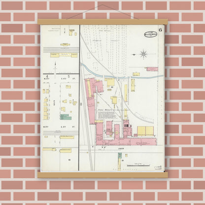 Old map wall art mockup — magnetic wood frame on brick wall — Sanborn Fire Insurance Map from Mishawaka, Saint Joseph County, Indiana (1896), Sheet #0006