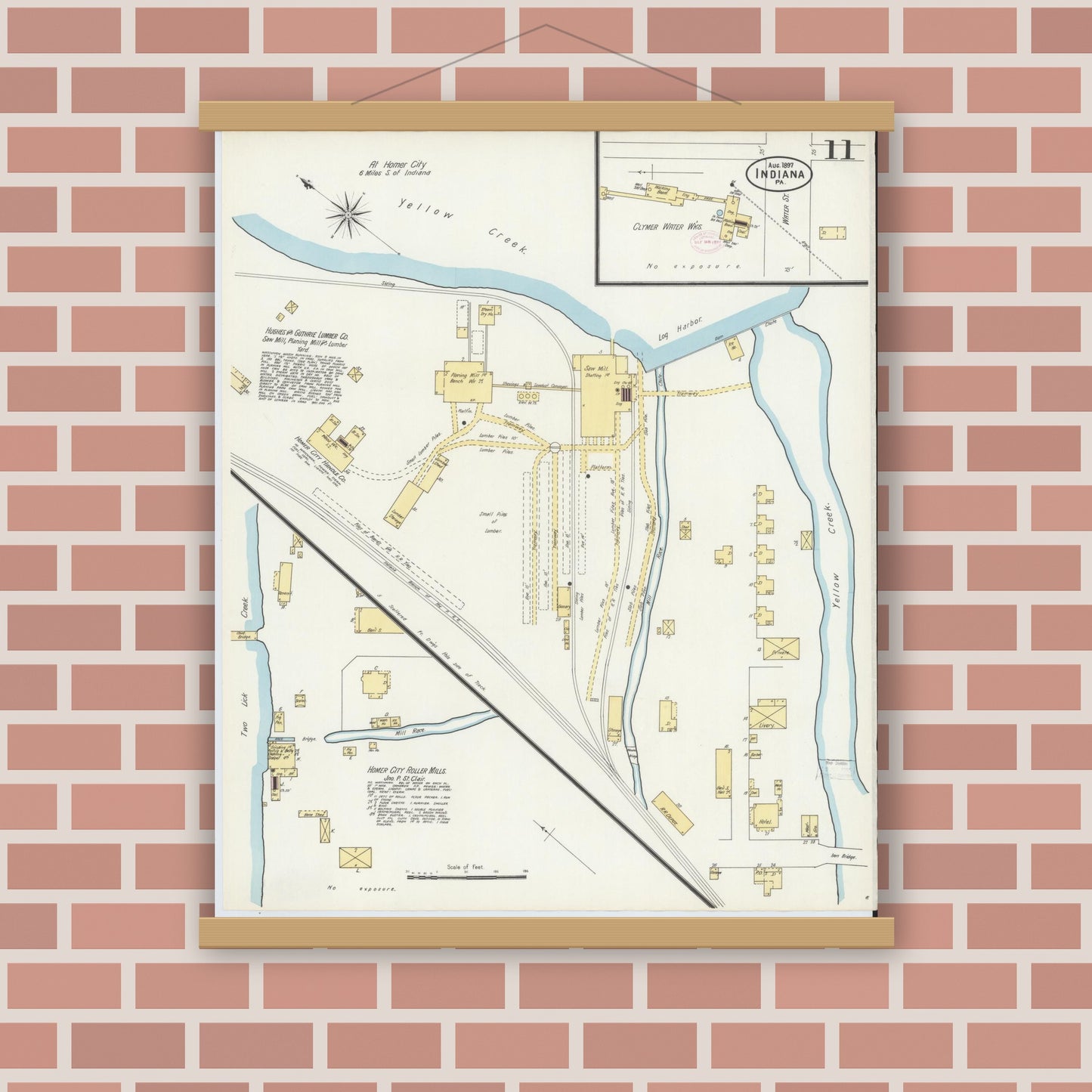 Old map wall art mockup — magnetic wood frame on brick wall — Sanborn Fire Insurance Map from Indiana, Indiana County, Pennsylvania (1888), Sheet #0011