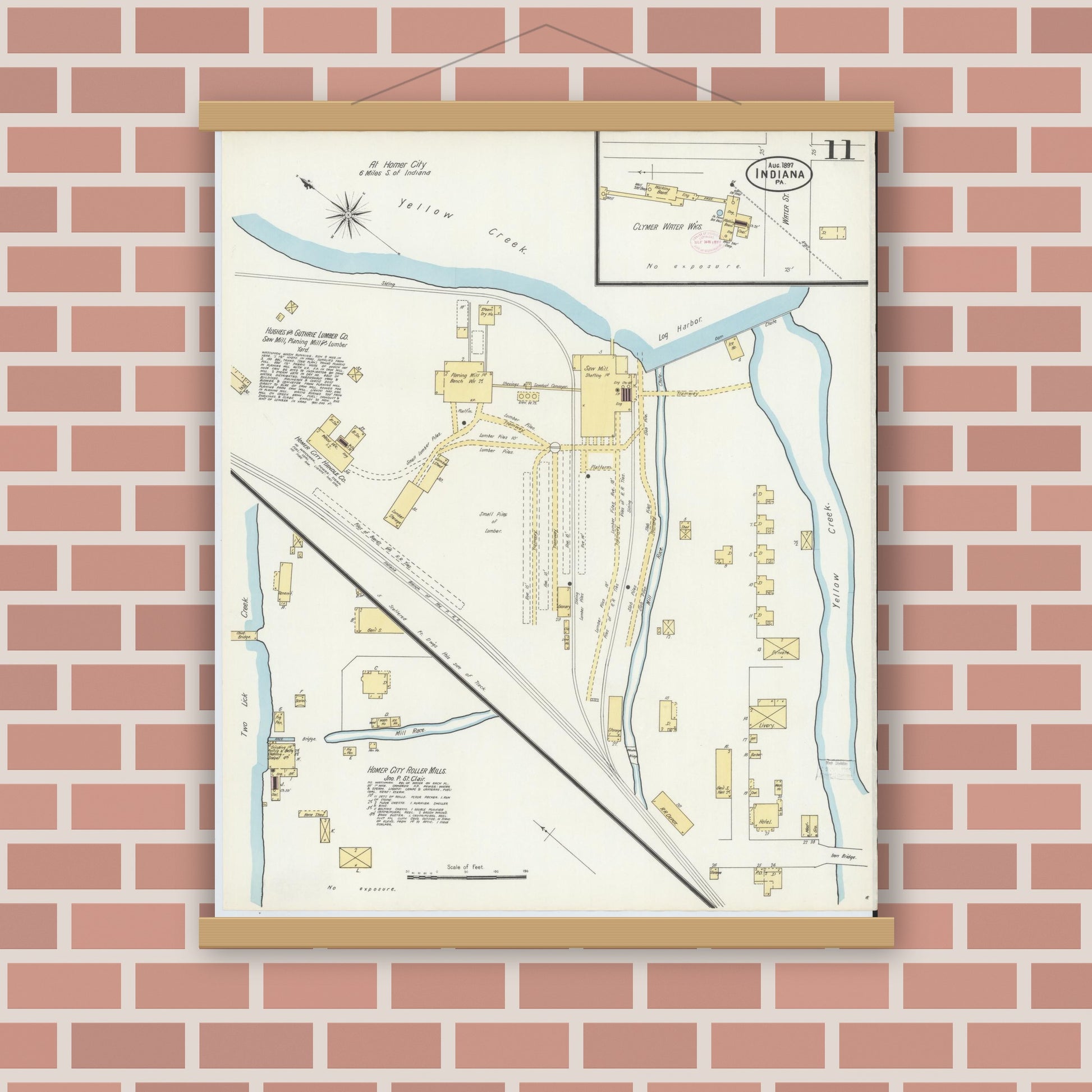 Old map wall art mockup — magnetic wood frame on brick wall — Sanborn Fire Insurance Map from Indiana, Indiana County, Pennsylvania (1888), Sheet #0011