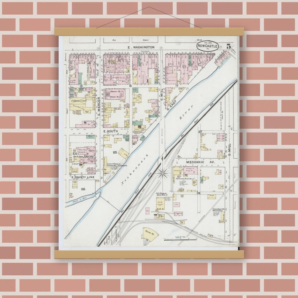Old map wall art mockup — magnetic wood frame on brick wall — Sanborn Fire Insurance Map from New Castle, Lawrence County, Pennsylvania (1888), Sheet #0005