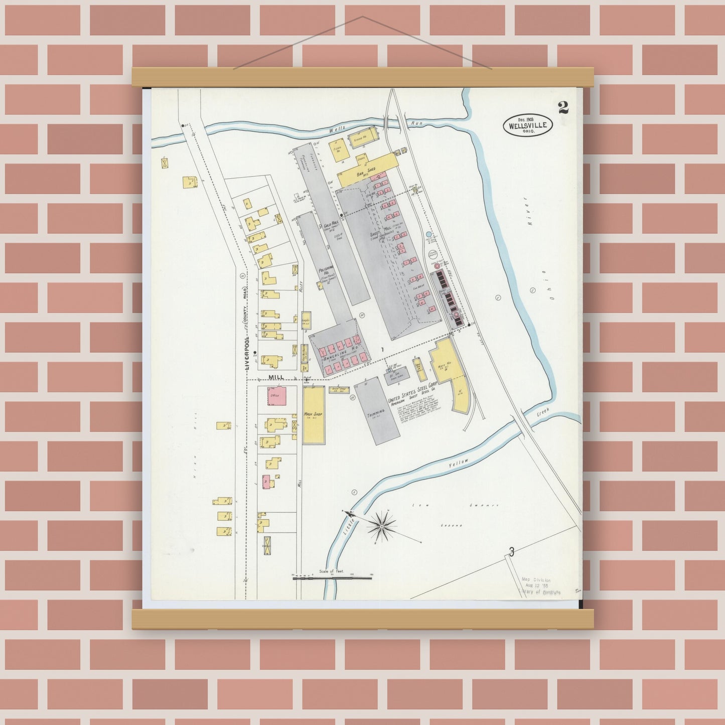 Old map wall art mockup — magnetic wood frame on brick wall — Sanborn Fire Insurance Map from Wellsville, Columbiana County, Ohio (1903), Sheet #0002