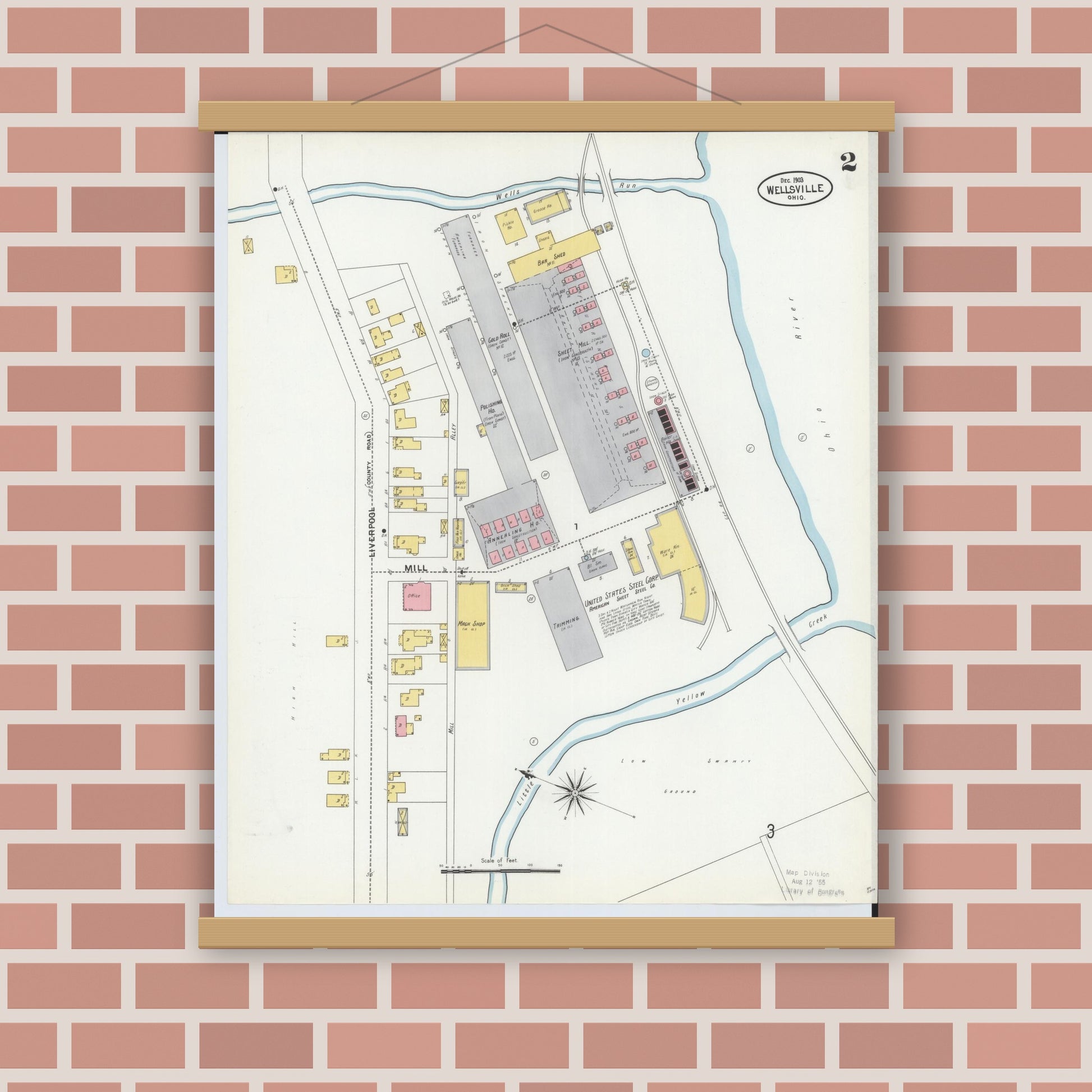 Old map wall art mockup — magnetic wood frame on brick wall — Sanborn Fire Insurance Map from Wellsville, Columbiana County, Ohio (1903), Sheet #0002
