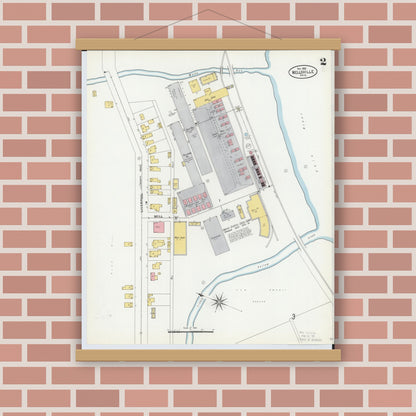 Old map wall art mockup — magnetic wood frame on brick wall — Sanborn Fire Insurance Map from Wellsville, Columbiana County, Ohio (1903), Sheet #0002