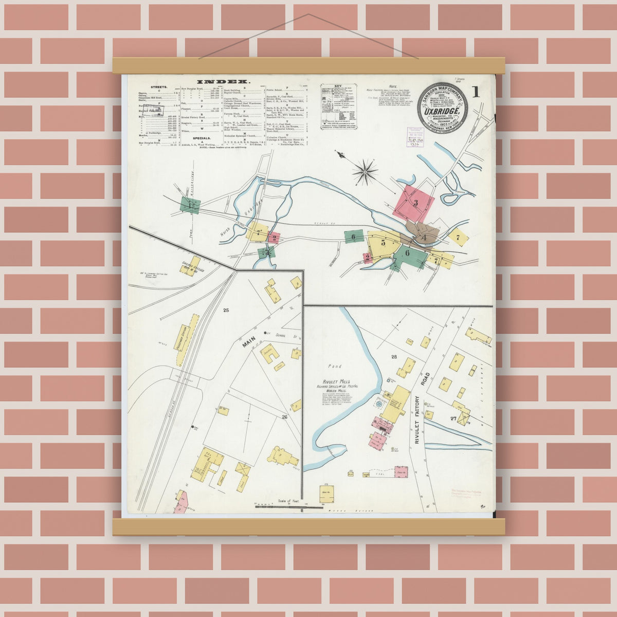 Old map wall art mockup — magnetic wood frame on brick wall — Sanborn Fire Insurance Map from Uxbridge, Worcester County, Massachusetts (1903) - Complete Map Set
