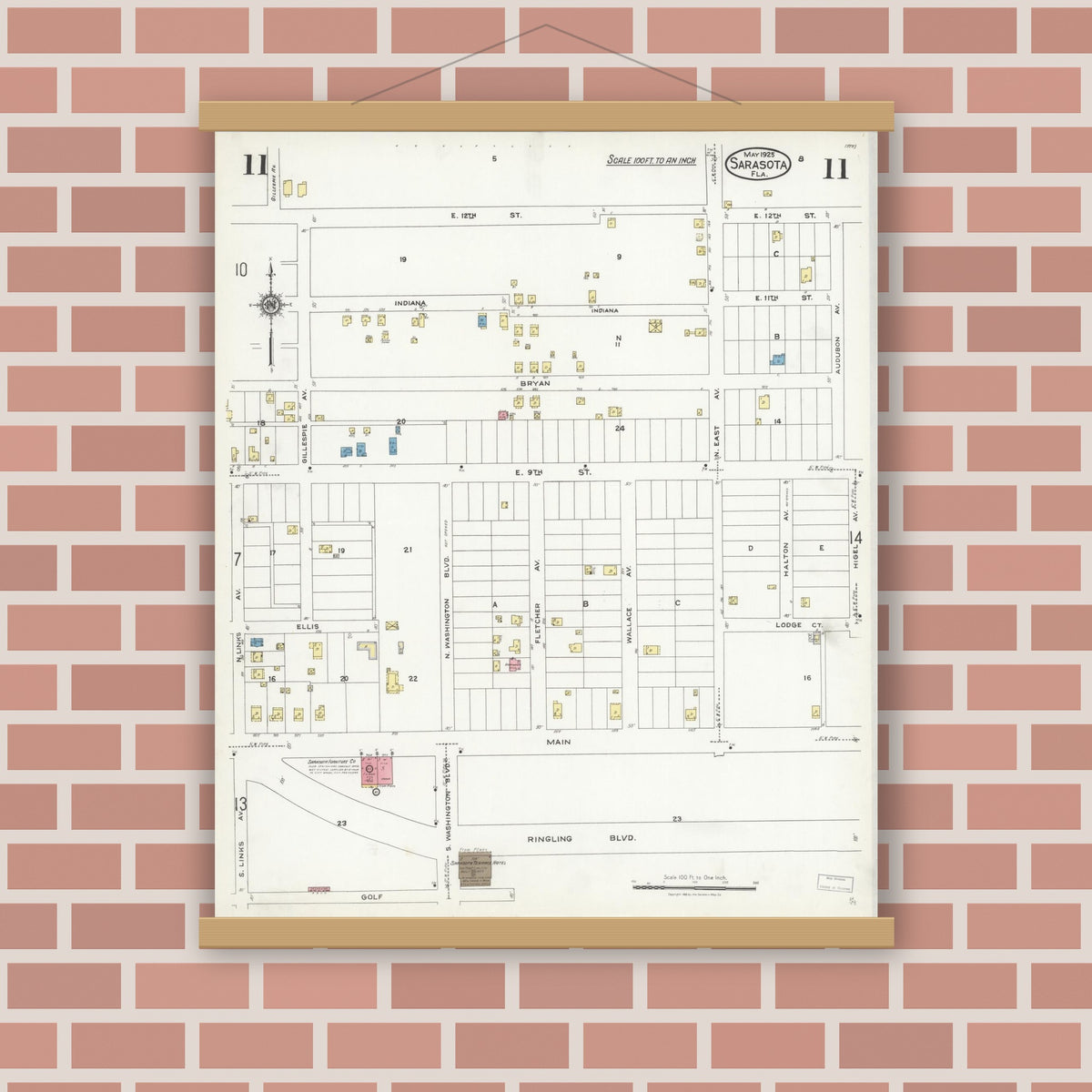 Old map wall art mockup — magnetic wood frame on brick wall — Sanborn Fire Insurance Map from Sarasota, Sarasota County, Florida (1925), Sheet #0011