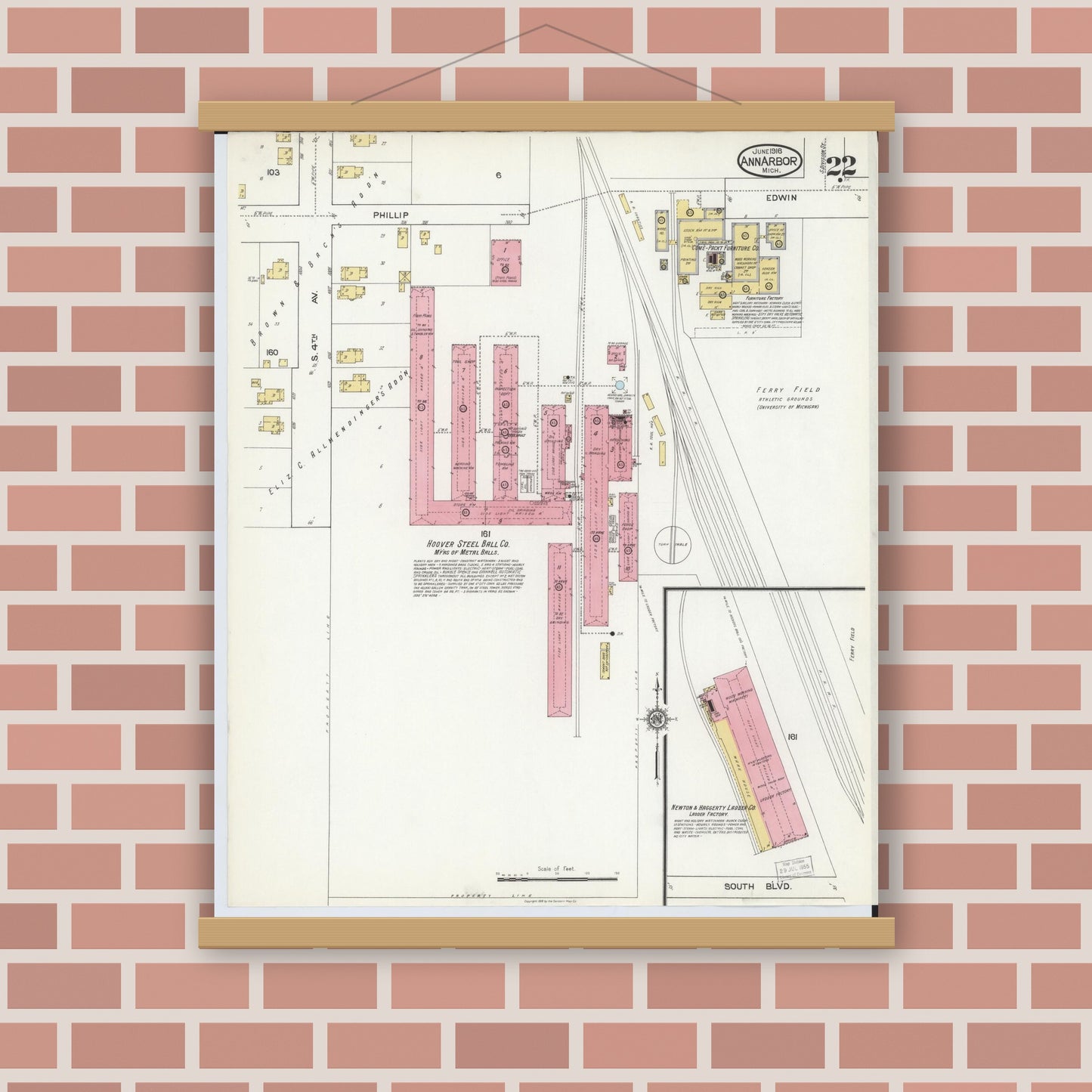 Old map wall art mockup — magnetic wood frame on brick wall — Sanborn Fire Insurance Map from Ann Arbor, Washtenaw County, Michigan (1916), Sheet #0022
