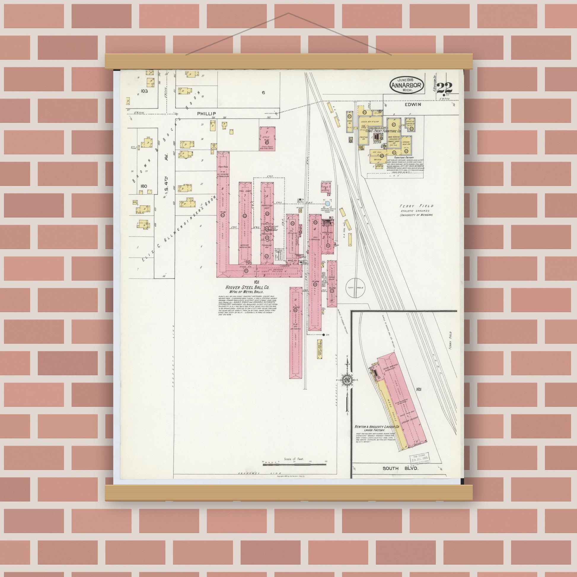 Old map wall art mockup — magnetic wood frame on brick wall — Sanborn Fire Insurance Map from Ann Arbor, Washtenaw County, Michigan (1916), Sheet #0022