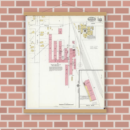 Old map wall art mockup — magnetic wood frame on brick wall — Sanborn Fire Insurance Map from Ann Arbor, Washtenaw County, Michigan (1916), Sheet #0022