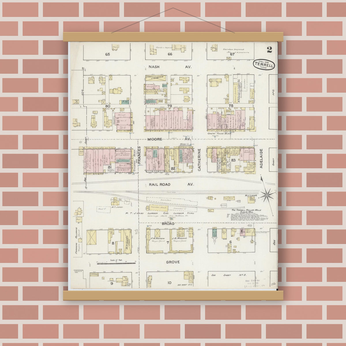 Old map wall art mockup — magnetic wood frame on brick wall — Sanborn Fire Insurance Map from Terrell, Kaufman County, Texas (1888), Sheet #0002