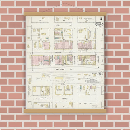Old map wall art mockup — magnetic wood frame on brick wall — Sanborn Fire Insurance Map from Terrell, Kaufman County, Texas (1888), Sheet #0002