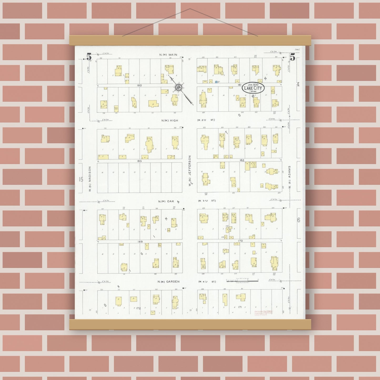 Old map wall art mockup — magnetic wood frame on brick wall — Sanborn Fire Insurance Map from Lake City, Wabasha County, Minnesota (1930), Sheet #0005