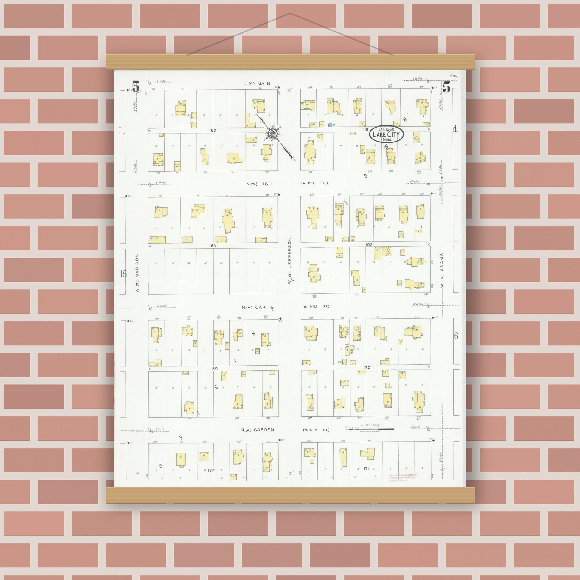 Old map wall art mockup — magnetic wood frame on brick wall — Sanborn Fire Insurance Map from Lake City, Wabasha County, Minnesota (1930), Sheet #0005