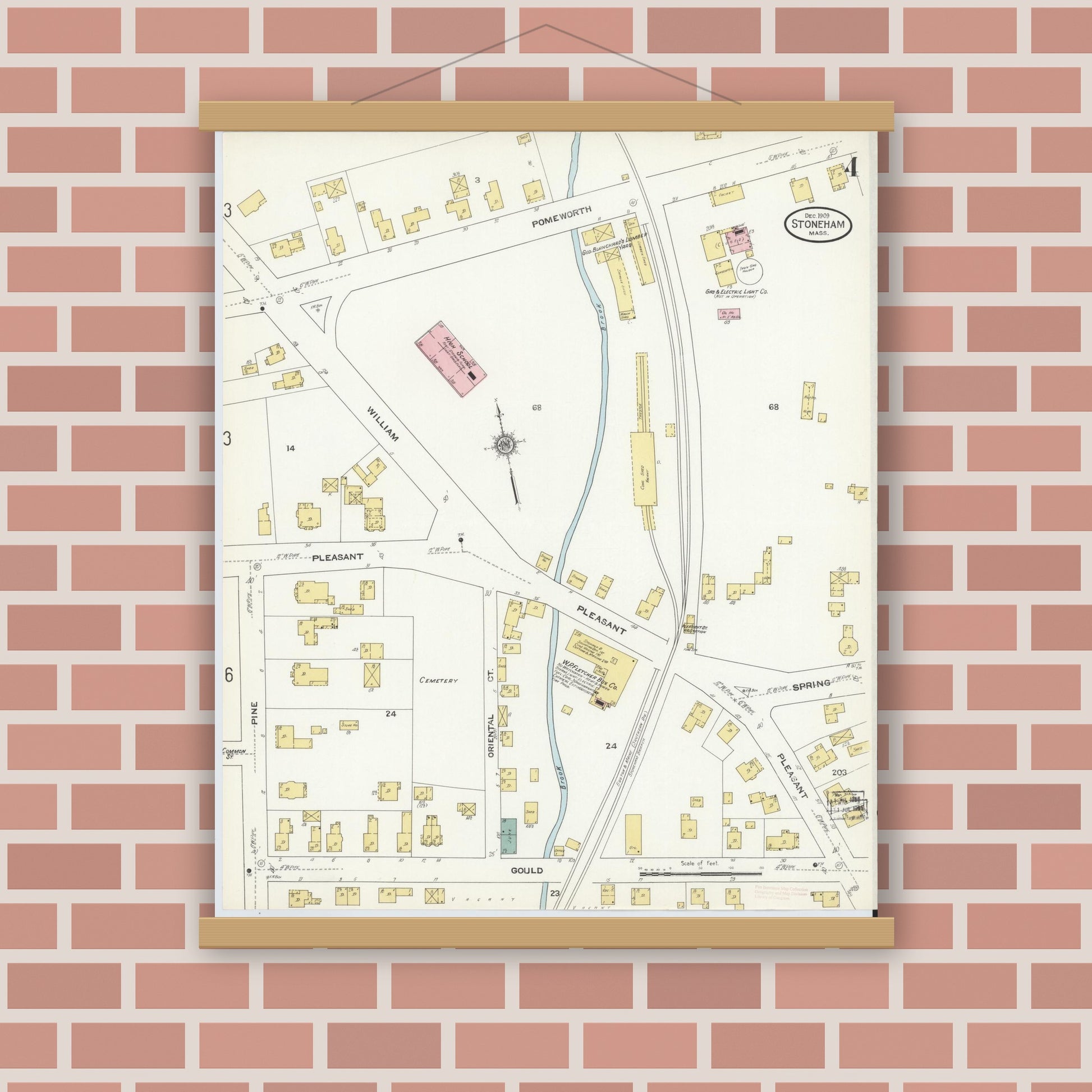 Old map wall art mockup — magnetic wood frame on brick wall — Sanborn Fire Insurance Map from Stoneham, Middlesex County, Massachusetts (1909), Sheet #0004