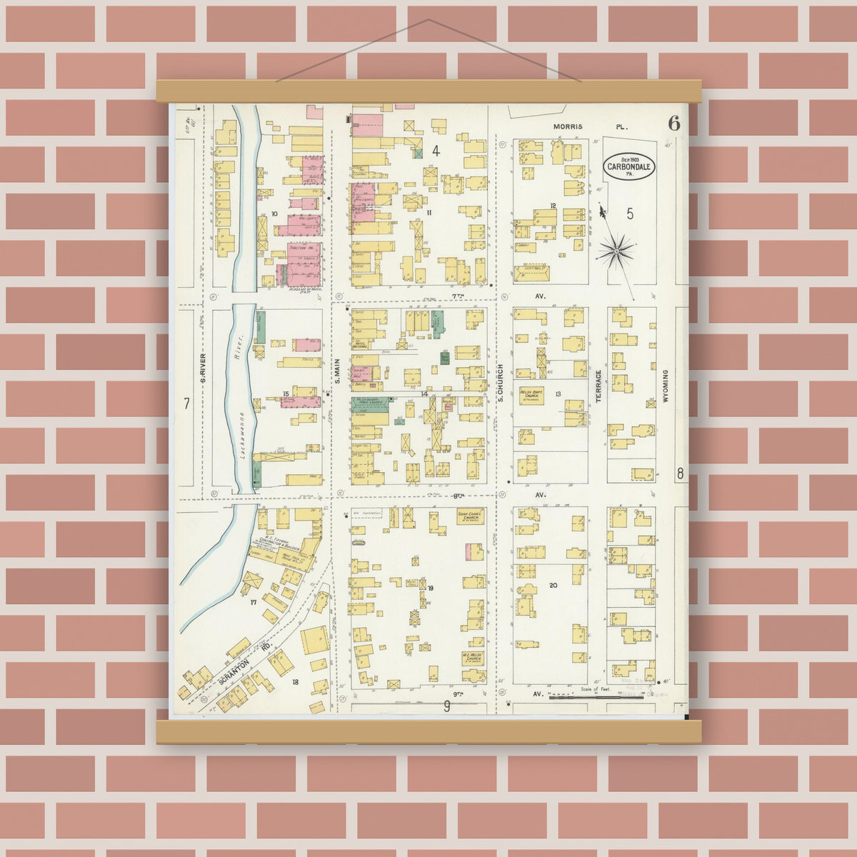 Old map wall art mockup — magnetic wood frame on brick wall — Sanborn Fire Insurance Map from Carbondale, Lackawanna County, Pennsylvania (1903), Sheet #0006