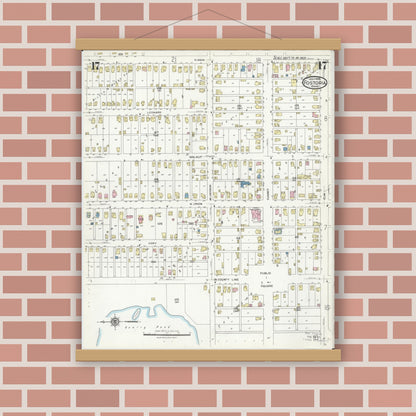 Old map wall art mockup — magnetic wood frame on brick wall — Sanborn Fire Insurance Map from Fostoria, Seneca, Hancock, And Wood Counties, Ohio (1924), Sheet #0017