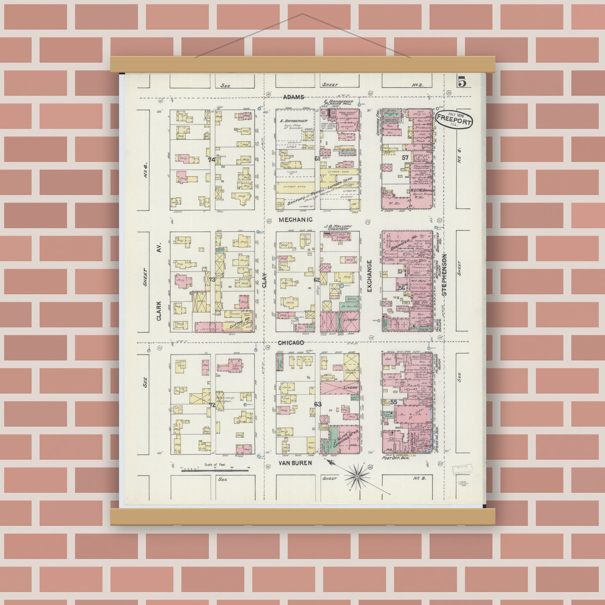 Old map wall art mockup — magnetic wood frame on brick wall — Sanborn Fire Insurance Map from Freeport, Stephenson County, Illinois (1890), Sheet #0005