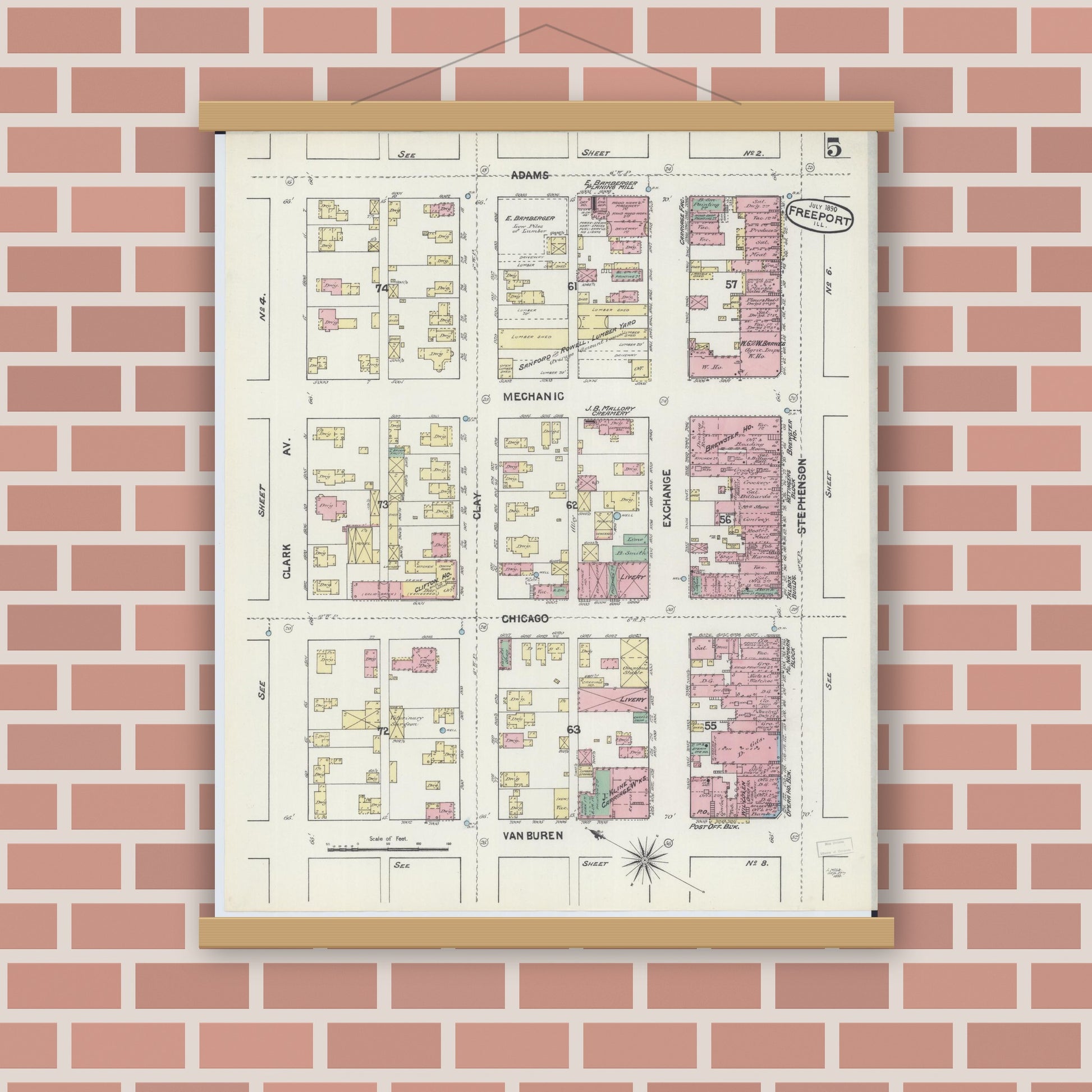 Old map wall art mockup — magnetic wood frame on brick wall — Sanborn Fire Insurance Map from Freeport, Stephenson County, Illinois (1890), Sheet #0005