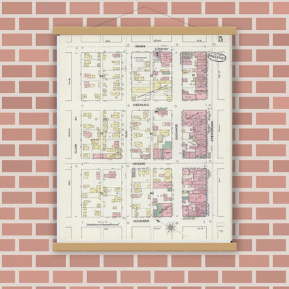 Old map wall art mockup — magnetic wood frame on brick wall — Sanborn Fire Insurance Map from Freeport, Stephenson County, Illinois (1890), Sheet #0005