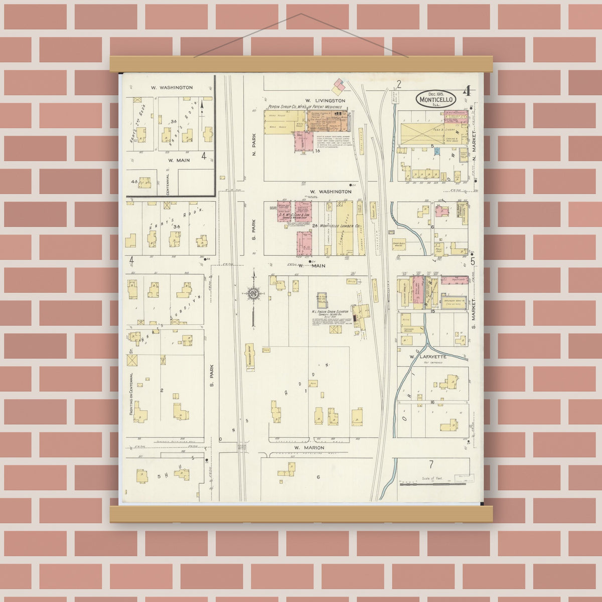 Old map wall art mockup — magnetic wood frame on brick wall — Sanborn Fire Insurance Map from Monticello, Piatt County, Illinois (1915), Sheet #0004