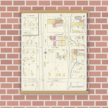Old map wall art mockup — magnetic wood frame on brick wall — Sanborn Fire Insurance Map from Monticello, Piatt County, Illinois (1915), Sheet #0004