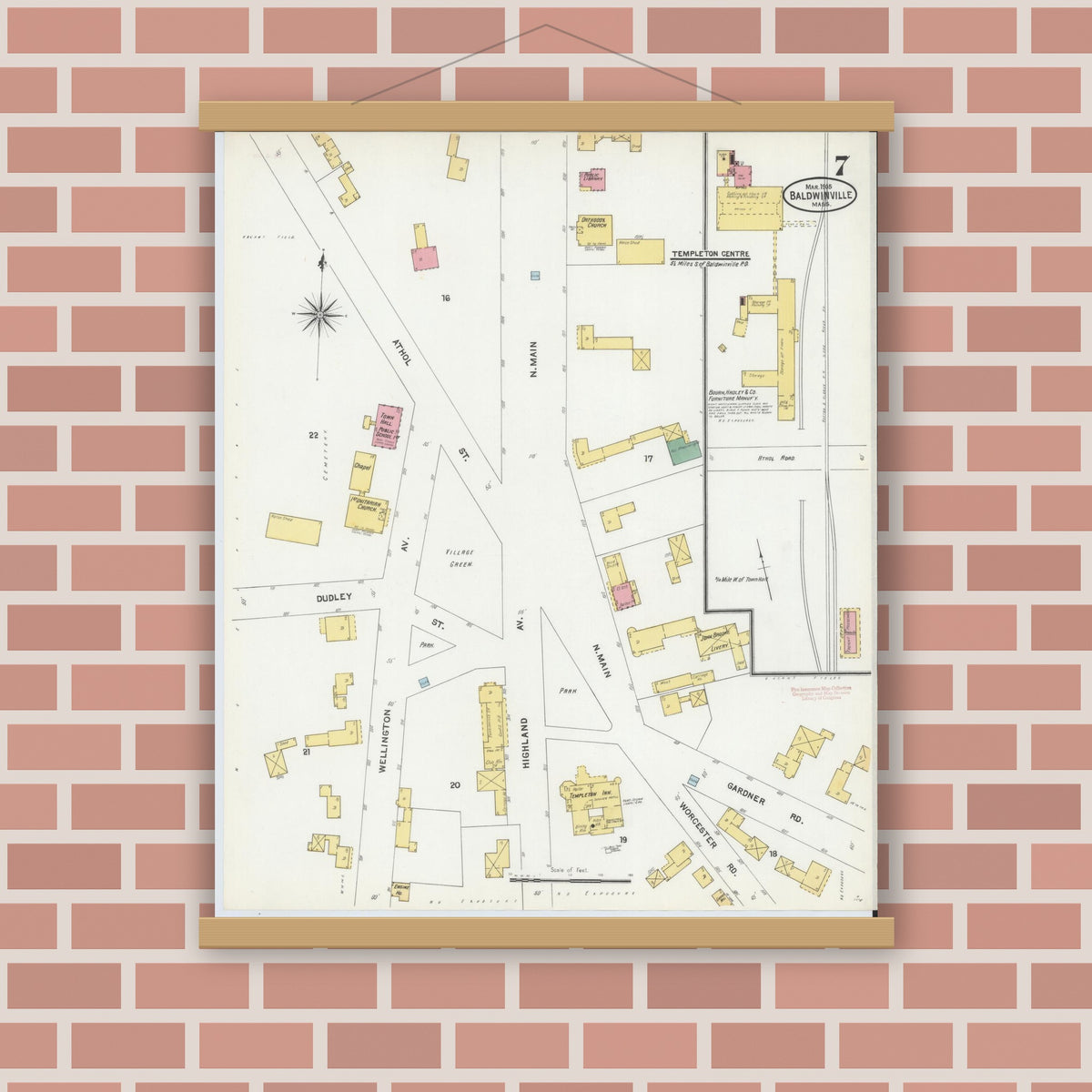 Old map wall art mockup — magnetic wood frame on brick wall — Sanborn Fire Insurance Map from Baldwinville, Worcester County, Massachusetts (1905), Sheet #0007