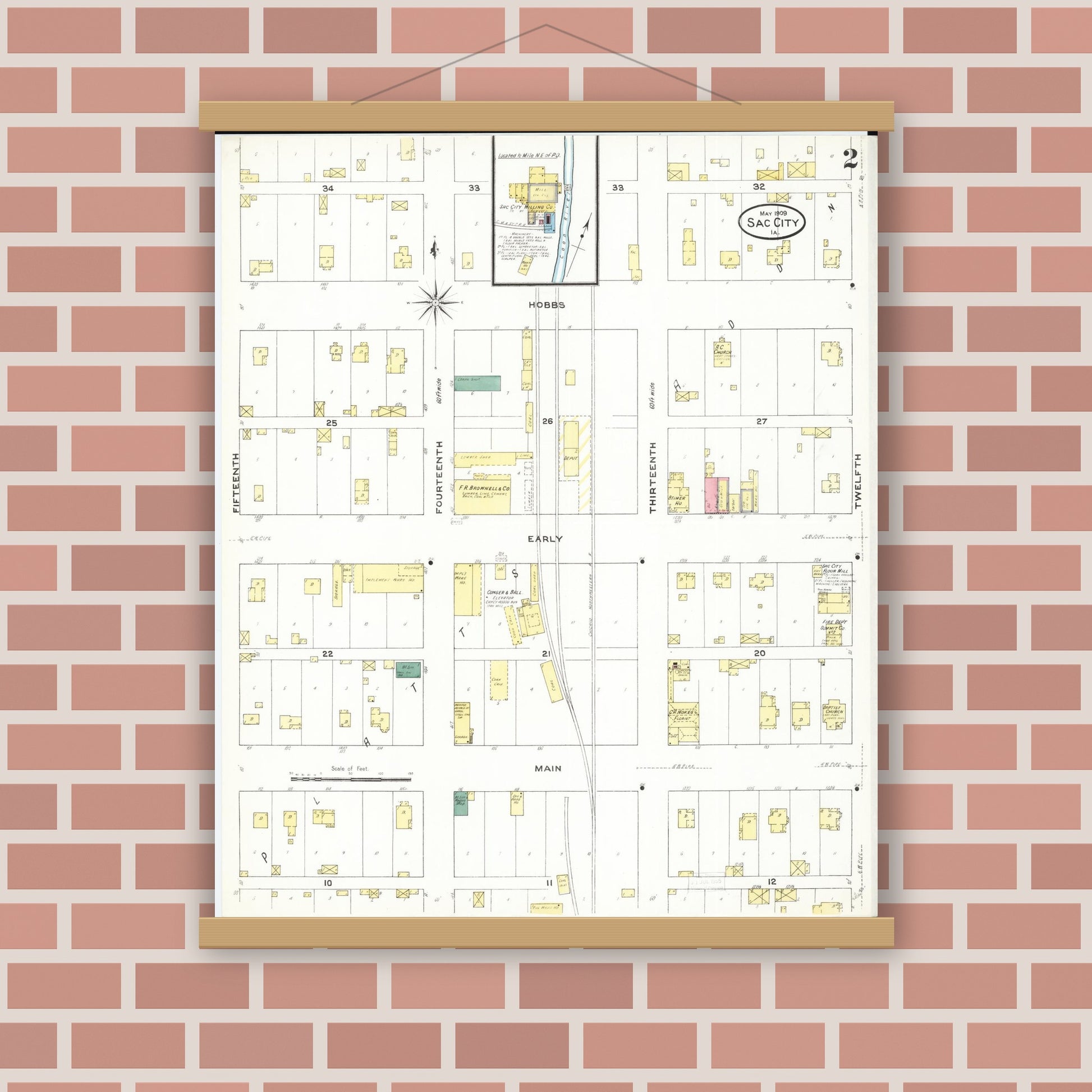Old map wall art mockup — magnetic wood frame on brick wall — Sanborn Fire Insurance Map from Sac City, Sac County, Iowa (1909), Sheet #0002