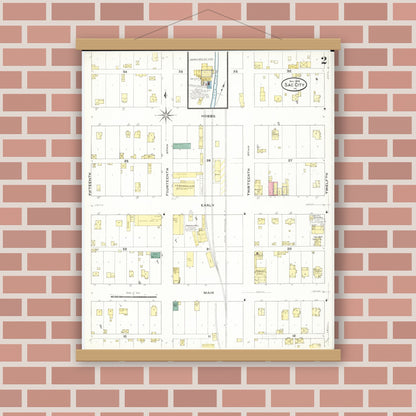 Old map wall art mockup — magnetic wood frame on brick wall — Sanborn Fire Insurance Map from Sac City, Sac County, Iowa (1909), Sheet #0002